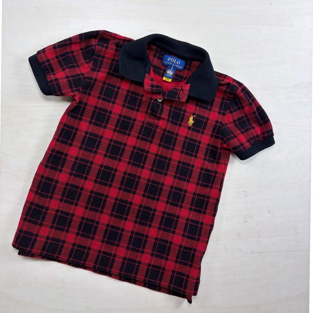 Polo Ralph Lauren Boys Red Black Plaid Polo Shirt Short Sleeve Size 4 Pony